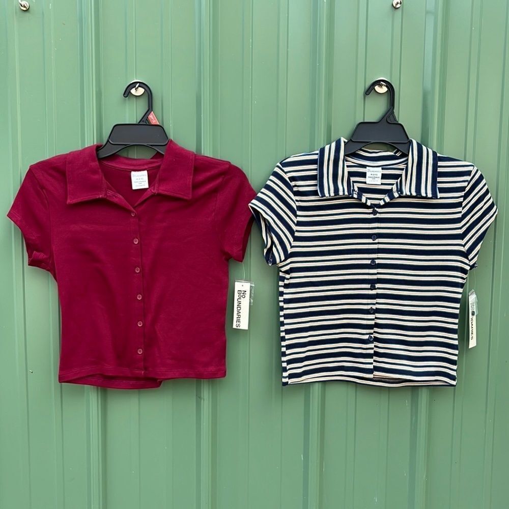 Button Front Cropped Striped Polo Shirt 2-Pack Size M